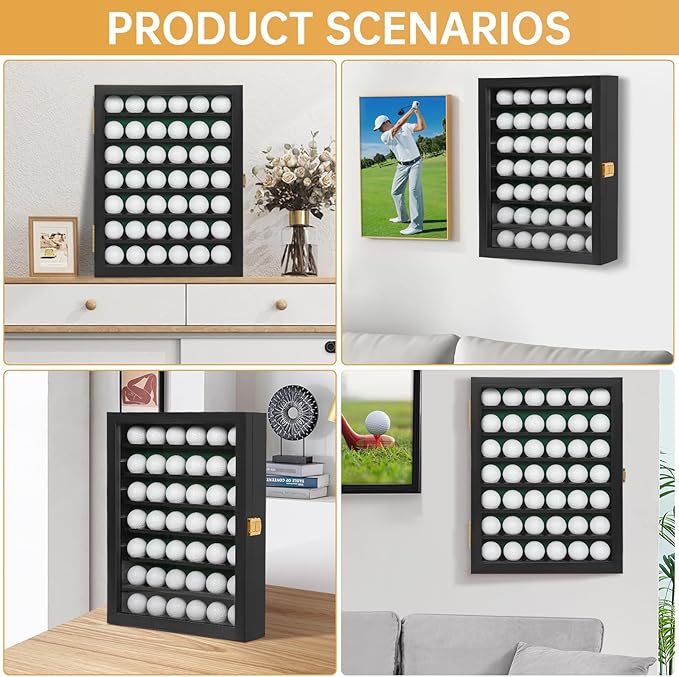 Golf Ball Display Case, Solid Wood Golf Ball Holder, Wall Mounted Golf Ball Rack with Acrylic Door for Golf Enthusiasts (Black, for 42 Golf Balls)