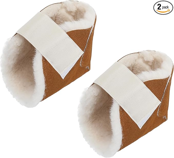 2 Pcs Heel Protectors for Pressure Sores Sheepskin Heel Pads Soft Foot Cushions Pad Protectors Adjustable Foot Pillows with Securing Strap for Bed Sore Ankle Ulcers (Brown)