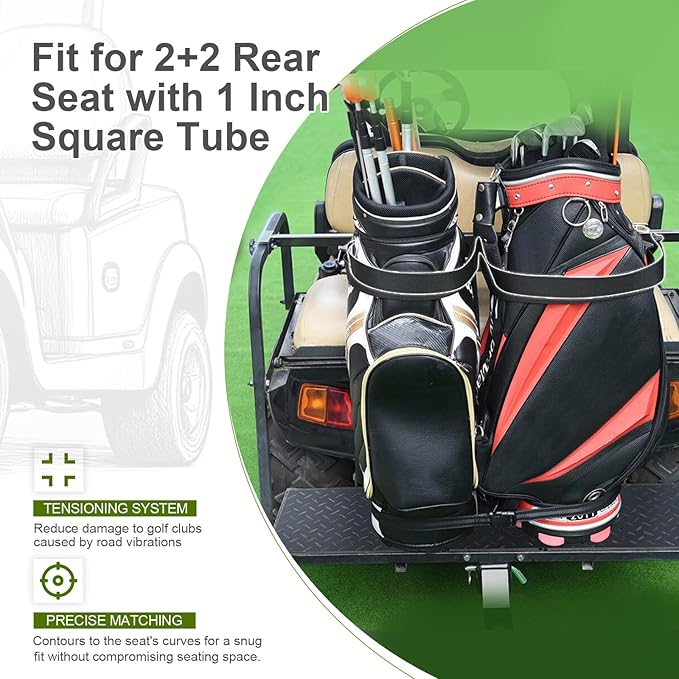 Universal Golf Cart Bag Holder Bracket Fit for Yamaha, EZGO and Club Car Rear Seat Kits, Golf Cart Rack Designed for 1-Inch Square Tube with Nylon Strap Attachment for Securing Golf Bag