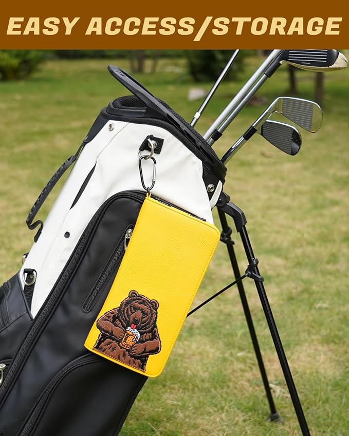 Golf Glove Holder Case for Accessories Portable Golfer Gifts for Men & Women Caddy Organizer Case with Storage Slots for Cards, Tees & Ball Markers Embroidered Beer Bear