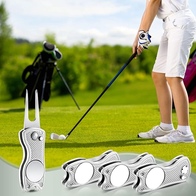 Skylety 4 Pcs Golf Divot Repair Tool Metal Foldable Golf Divot Tool with Magnetic Pop-up Button Ball Marker Stainless Steel Switchblade for Golfers Prizes
