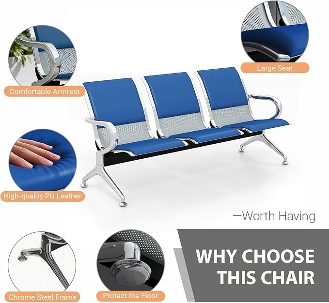 Kinfant Waiting Room Chairs with Arms – Blue PU Leather Back & Cushioned Seat Heavy-Duty Steel Frame, Ergonomic Office Reception Guest Chair for Lobby, Clinic, Airport
