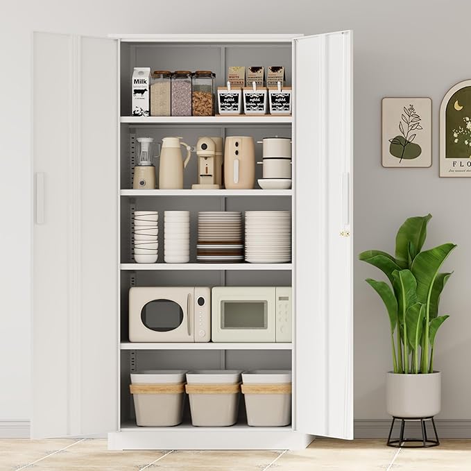 INTERGREAT Metal Storage Cabinet with Lock, 63" H Metal Cabinets Storage with 2 Doors and 4 Adjustable Shelves, Locking Garage Cabinet for Home Office, Kitchen, Bathroom (White)