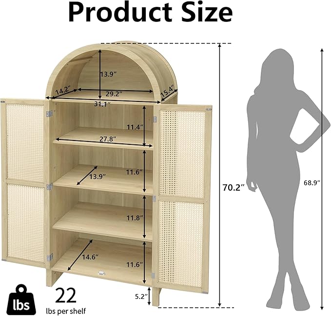 Rainbow Home California 70" Tall Arched Kitchen Pantry with 2 Large Rattan Doors, Storage Display Cabinet with 2 Adjustable Shelves, Versatile for Dining Room, Living Room, Study, Natural