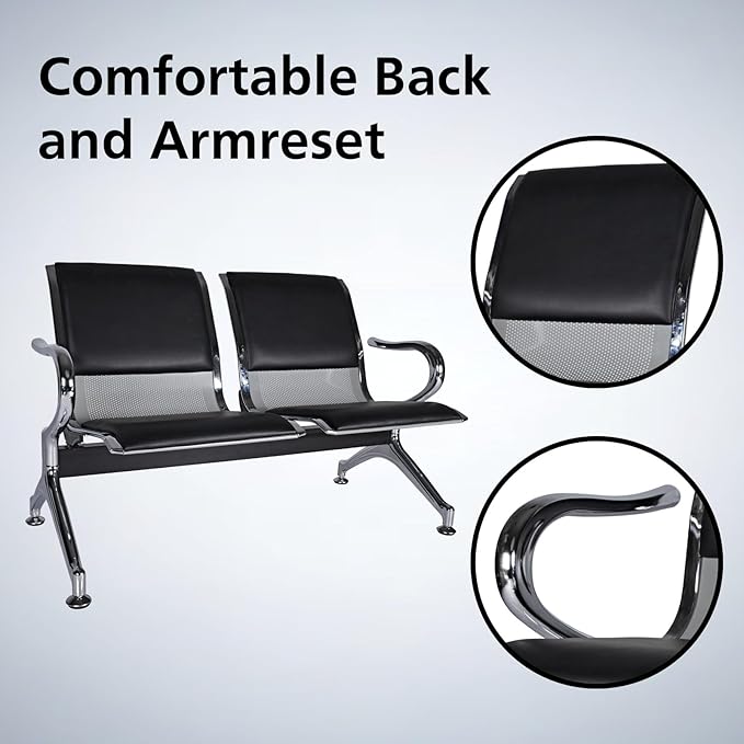 kinbor PU Leather Waiting Room Chairs - Airport Salon Office Waiting Area Reception Chairs Furniture Bench with Arms for Bank, Hospital, Barbershop, Black (Set of 2)