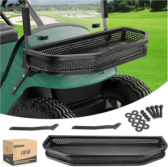 10L0L Golf Cart Front Clay Utility Cargo Basket for Gas & Electric, Heavy-Duty Steel Drop Mesh Storage Rack