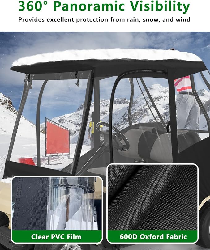 Golf Cart Enclosures 4 Passenger Short Roof 58 inch for Club Car DS 2+2 Seater,600D Clear Rain Cover Driving Enclosure,Roll Up 4 Sided Transparent Windows&Door Heavy Duty Zipper,Side Mirrors Openings