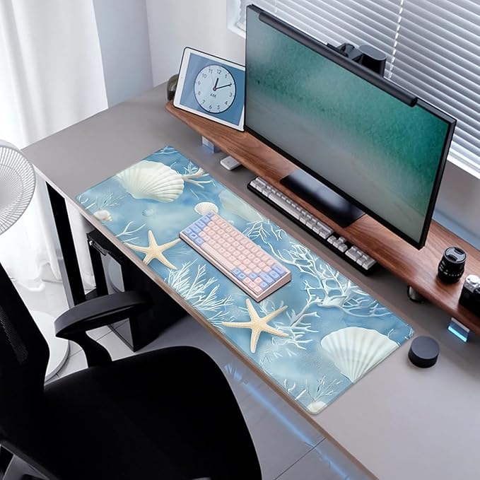 Starfish Coral Ocean Gaming Mouse Pad, Desk Mat, Non-Slip Rubber Base Cool Aesthetic MousePads for Computer Laptop Keyboard Office School Home Desktop Accessories Decor 31.5" x 11.8"