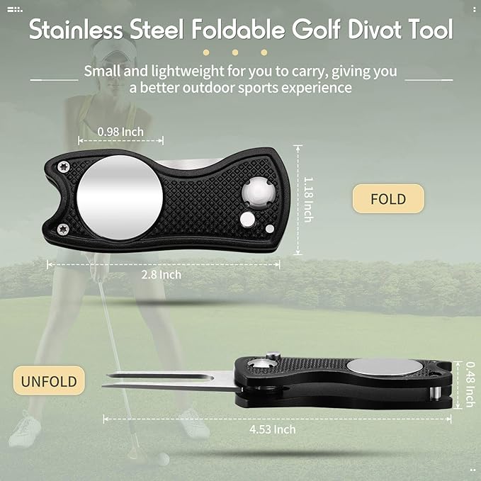 Skylety 4 Pcs Golf Divot Repair Tool Metal Foldable Golf Divot Tool with Magnetic Pop-up Button Ball Marker Stainless Steel Switchblade for Golfers Prizes