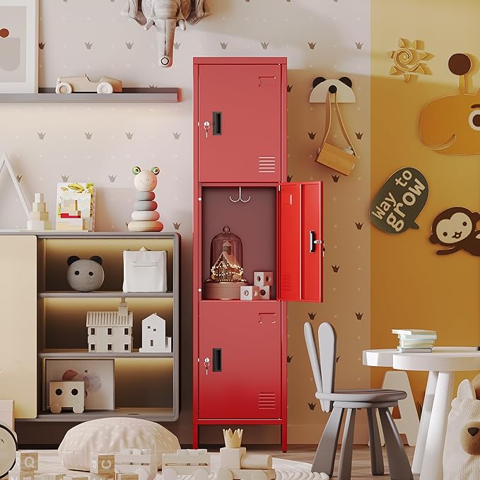 Aobabo 16" W 3 Door Metal Storage Locker with Lock, 66" H Steel Locker with Name Card Holder and Metal Hook for School, Home, Office, Playroom, Assembly Required, Red
