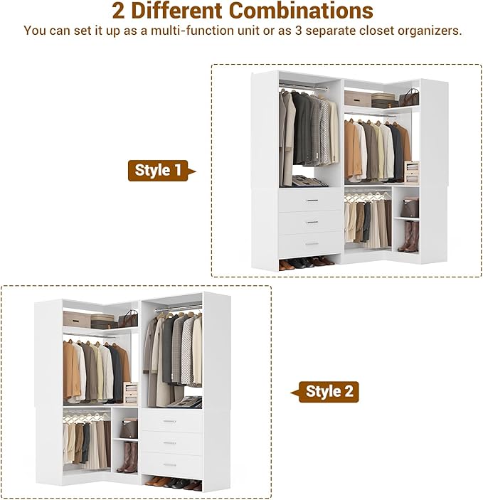 Aheaplus Closet System with 3 Drawers, 2 Hanging Rods & Corner Tower, Corner Closet System with Hanging, L-Shaped Walk-In Wardrobe Organizer, 1300+ lbs Capacity, Set of 2, White