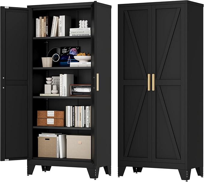71H Tall Metal Storage Cabinet with 2 Doors and Adjustable Shelves,Farmhouse Storage Cabinet with Barn Doors,Pantry Storage for Home,Office,Bathroom,Dining Room,Kitchen(Black)