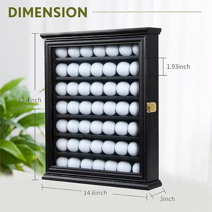 49 Golf Ball Display Case Wall Mount Cabinet Lockable Real Glass Door Solid Wood Frame 98 UV Protection Great Golfer Gift 17.4" H x 14.5" W x 3" D Indentations to Prevent Rolling