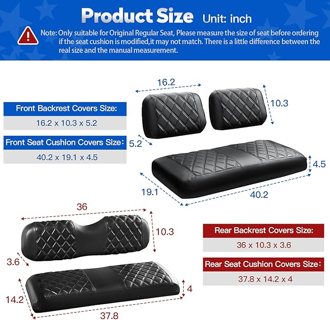 NOKINS 4PCS Golf Cart Seat Covers Kit, Front and Rear Seat Covers Fits Club Car DS Pre-2000 Standard Seat Cushion, Club Car DS Vinyl Seat Covers Accessories(Black&Black Stitching)