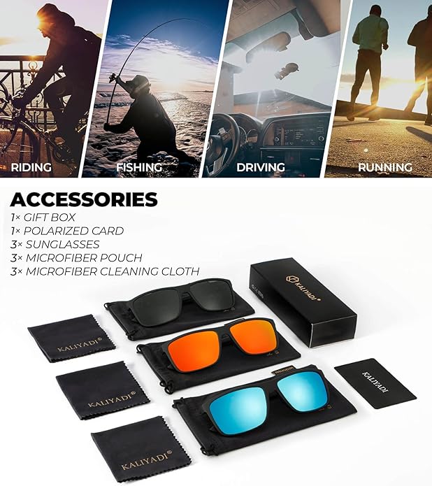 KALIYADI Polarized Sunglasses for Men and Women, Mens Sun Glasses with UV Protection for Driving Fishing Golf (3 Packs)