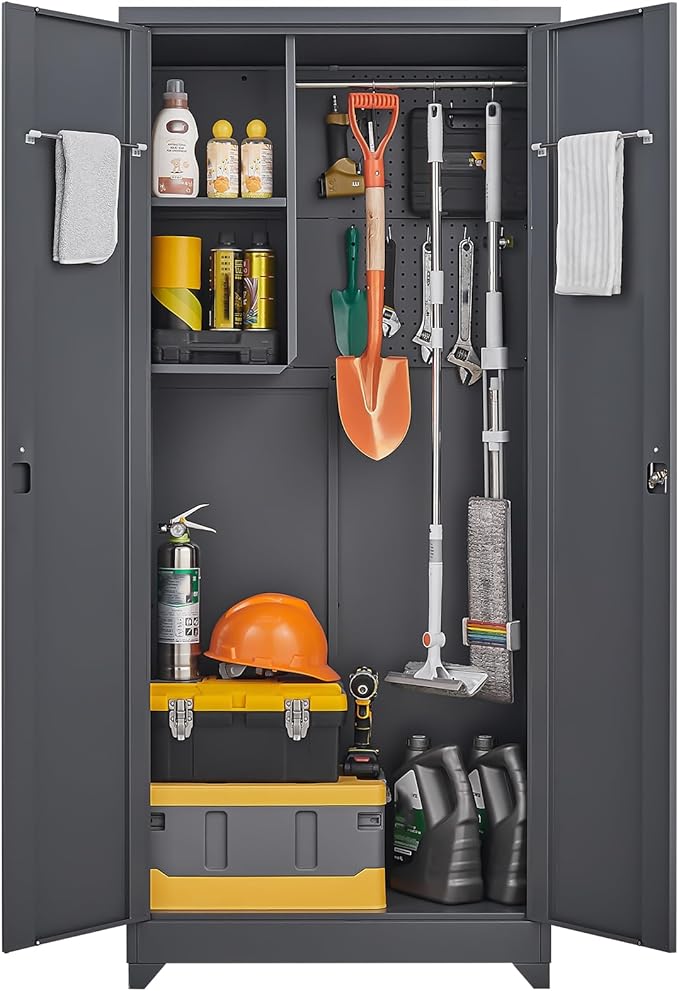 GREATMEET 72.8" Outdoor Broom Storage Cabinet, Metal Storage Cabinets for Cleaning Supplies with Slanted Roof, Utility Closet, Waterproof Outdoor Shed for Broom Mop, Grey
