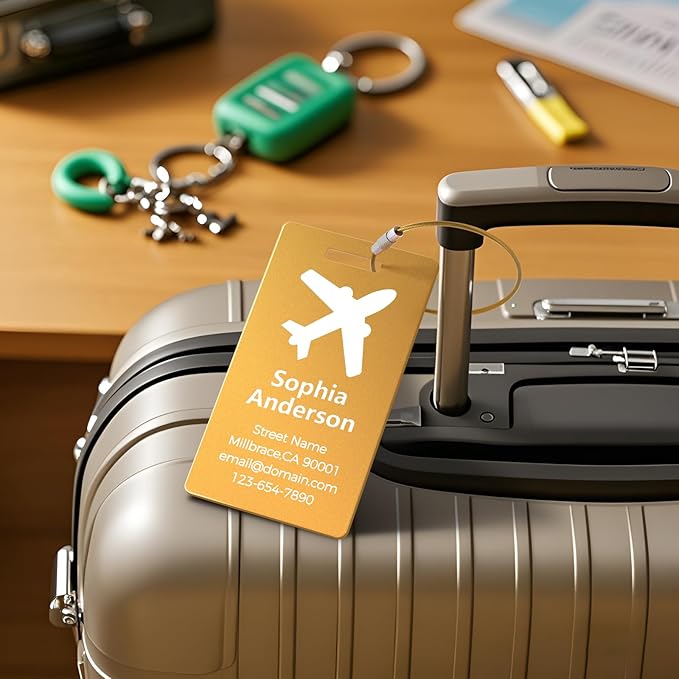 Personalized Metal Luggage Tags, Custom Suitcase Aluminum Name Tags with 5.9in Steel Ring, Laser Engraved Text and Logo, for Travel Gift, Baggage, Golf Bag (Golden)