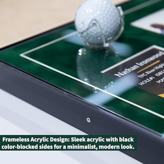 One-Shot Victory Golf Ball Display Frame – Acrylic Case with External Ball Mount, Custom Photo & Nameplate, Green Suede Mat, Elegant Golf Keepsake Gift（vertical design）