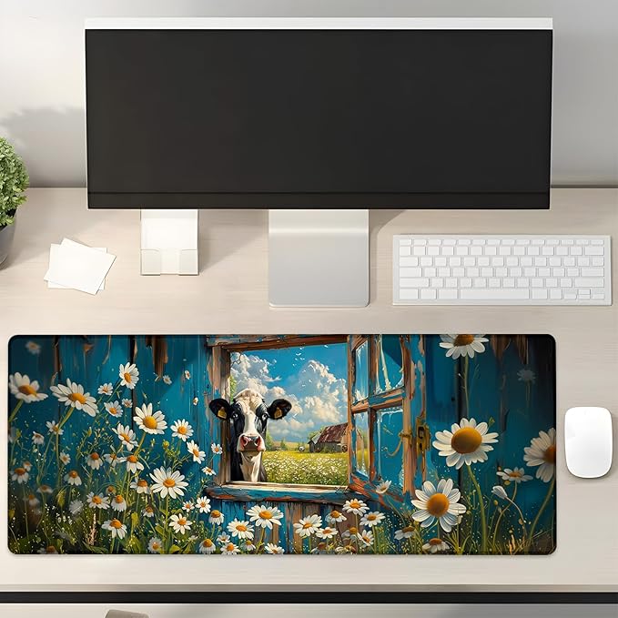 Farmhouse Cow Gaming Mouse Pad Gifts 31.5" x 11.8", Non-Slip Rubber Base MousePads for Computers Laptop School Office Home Accessories Decor, Mouse Pad, Keyboard Desk Mat