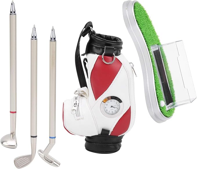 Golf Bag Pen Holder with Clock, Mini Golf Desk Decoration Set, Includes 3 Golf Ballpoint Pens and Card Case Kit, Perfect Golf Gift for Office or Club Match