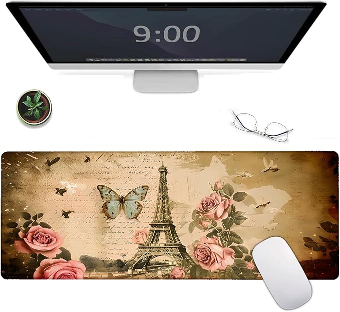 Vintage Paris Large Gaming Mouse Pad,Eiffel Tower Rose Desk Mat,31.5x11.8x0.12in Extended Non-Slip Rubber Butterfly Mousepad,Computer Deskmat Gifts,Laptop Mice Pads Decor for Home Office
