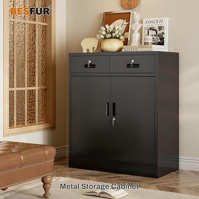 BESFUR 36" H Metal Storage Cabinet with 2 Lockable Drawers and 2 Lockable Doors, Black Locking Cabinet with Adjustable Shelf, Metal Cabinet for Home Office, Garage,School, Warehouse, Utility Room