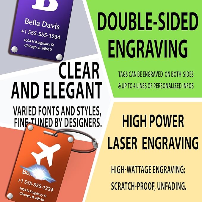 Luggage Tags for Suitcases 4 Pack: Personalized Luggage Tags for Backpacks & Bags Tags with Coustomizable Texts (Purple)