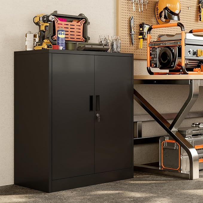 BESFUR Metal Storage Cabinet 36" H, Black Metal Cabinet with 2 Lockable Doors and 2 Adjustable Shelves, Garage Storage Cabinet for Home Office, Garage, School, Apartment, Warehouse