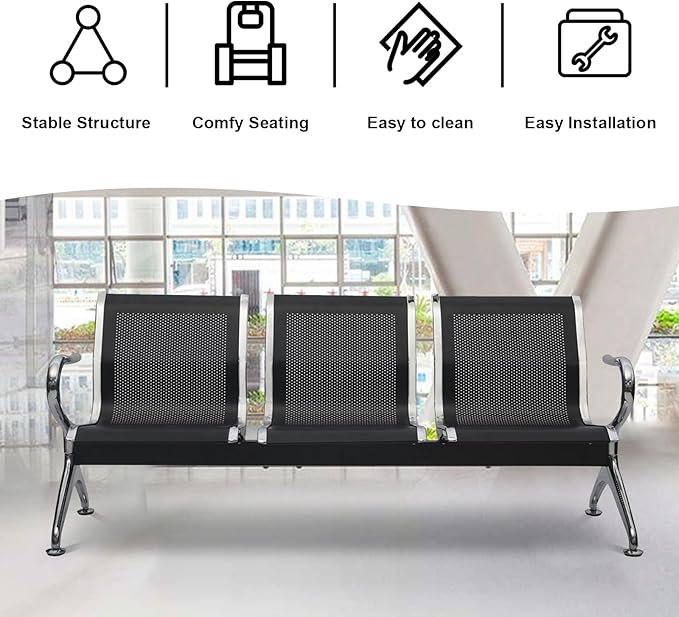 kinbor Waiting Room Chairs - 3 Seat Office Guest Reception Chairs Waiting Furniture Bench Seating for Airport, Bank, Hospital, Salon
