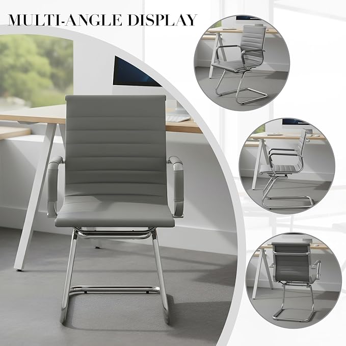 CIMOTA Waiting Room Chairs Leather Office Guest Chair Mid Back Reception Chairs with Sled Base for Meeting/Patient/Conference Room, Grey Set of 8