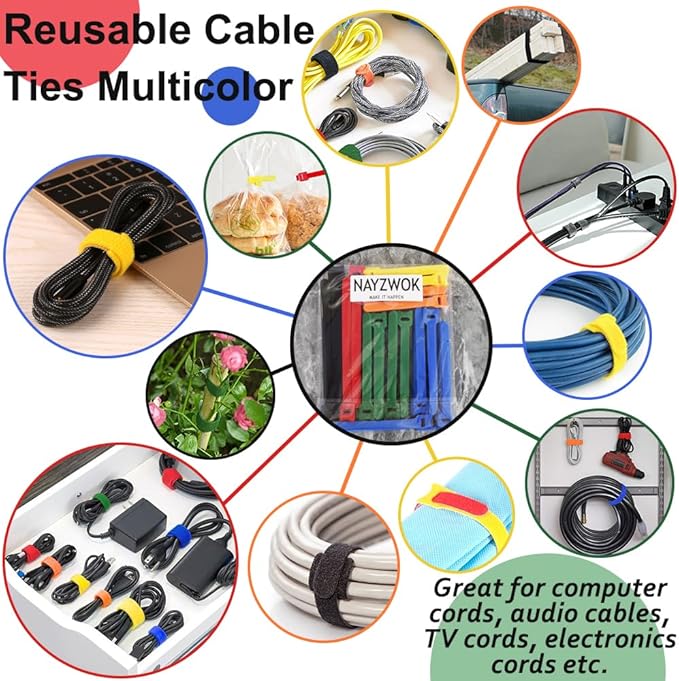 160pcs Cable Ties Reusable Colorful Wire Ties Cable Management Cord Ties Reusable for Electronics Hook and Loop Cable Ties for Computer 4 6 8 Inch with 6 Colors