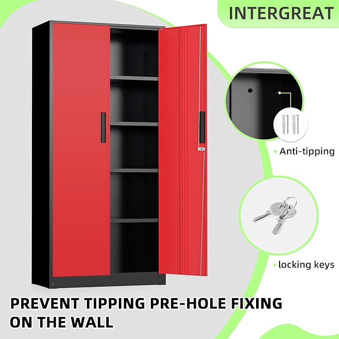 INTERGREAT Metal Storage Cabinet, 72" Locking Steel Cabinets with 2 Door and 4 Adjustable Shelves, Tall Metal Cabinet for Home Office, Garage, Warehouse,(Black+Red)