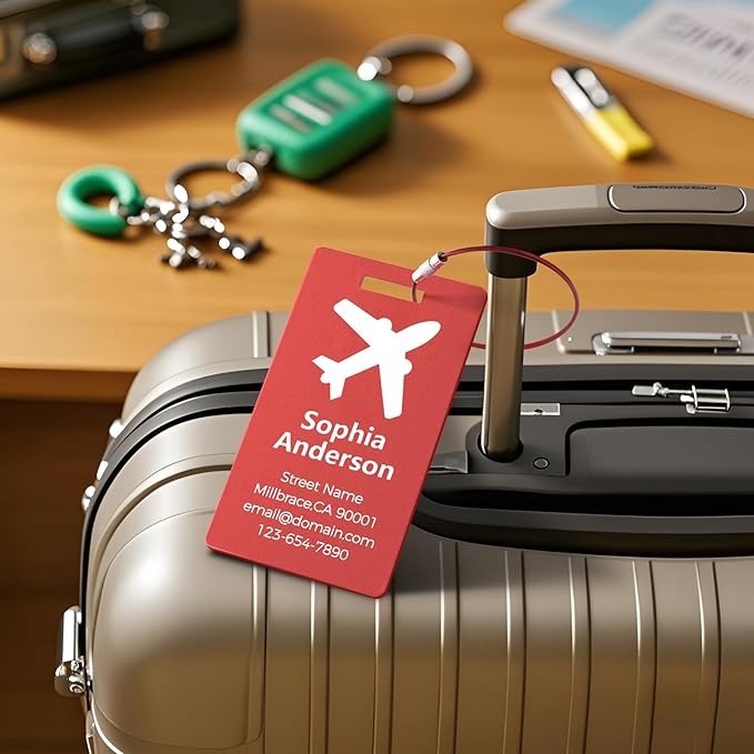 Personalized Metal Luggage Tags, Custom Suitcase Aluminum Name Tags with 5.9in Steel Ring, Laser Engraved Text and Logo, for Travel Gift, Baggage, Golf Bag (Red)