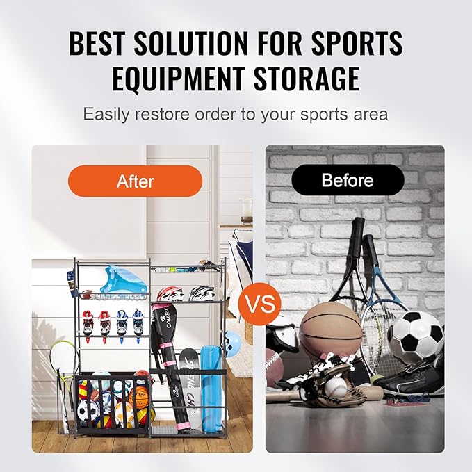 VEVOR Golf Bag Organizer, Golf Bag Storage Rack Stand Holder, Sports Equipment Storage Rack, Golf Storage Organizer for Garage, Sports Gear, Toys Storage Rack Hooks