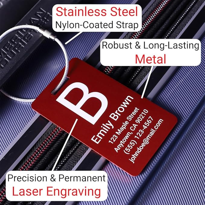 Personalized Luggage Tags for Suitcases 4 Pack – Custom Metal Name Tag for Travel, Golf Bag, and Baggage – Durable Aluminum Luggage Name Tags (Red, Vertical)