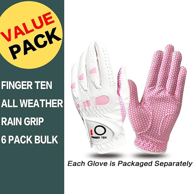 FINGER TEN Women’s Golf Gloves Ladies Left Hand Right Handed Golfer Value 6 Pack, All Weather Rain Grip Glove Pink Fit Small Medium Large XL