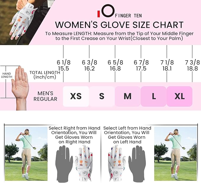 FINGER TEN Stylish Golf Gloves Women with Ball Marker 1 Pack for Left or Right Hand, Breathable Glove with Fashion Patterns for Ladies Right Left Handed Golfer