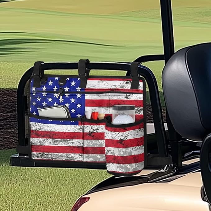 American Flag Golf Cart Bag, Golf Cart Rear Seat Organizer with Open Pockets for Golf Balls & Bottles