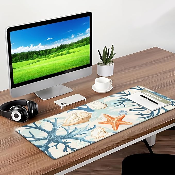 Starfish Coral Ocean Gaming Mouse Pad, Desk Mat, Non-Slip Rubber Base Cool Aesthetic MousePads for Computer Laptop Keyboard Office School Home Desktop Accessories Decor 31.5" x 11.8"