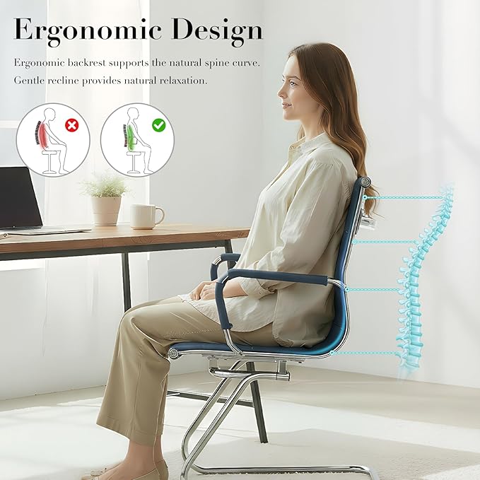 CIMOTA Waiting Room Chairs Leather Office Guest Chair Mid Back Reception Chairs with Sled Base for Meeting/Patient/Conference Room, Navy Set of 2