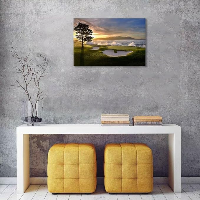 chenchenArt Pebble Beach Golf Course Wall Art Pictures Golf Course Poster Canvas Prints Golf Artwork Wall Decor for Living Room Bedroom Bathroom Home Decorations Framed Ready to Hang(12''H x 16''W)