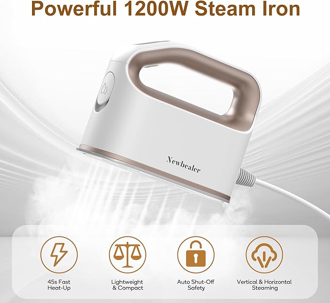 Newbealer Smart Steam Iron for Clothes - 1200W Professional-Grade Turbocharged 3 Steam & 3 Dry Heat Modes, 45s Heat-Up, 6oz Tank, Auto-Off, Nonstick Ceramic Soleplate for Home, RV & Hotel (Gold)