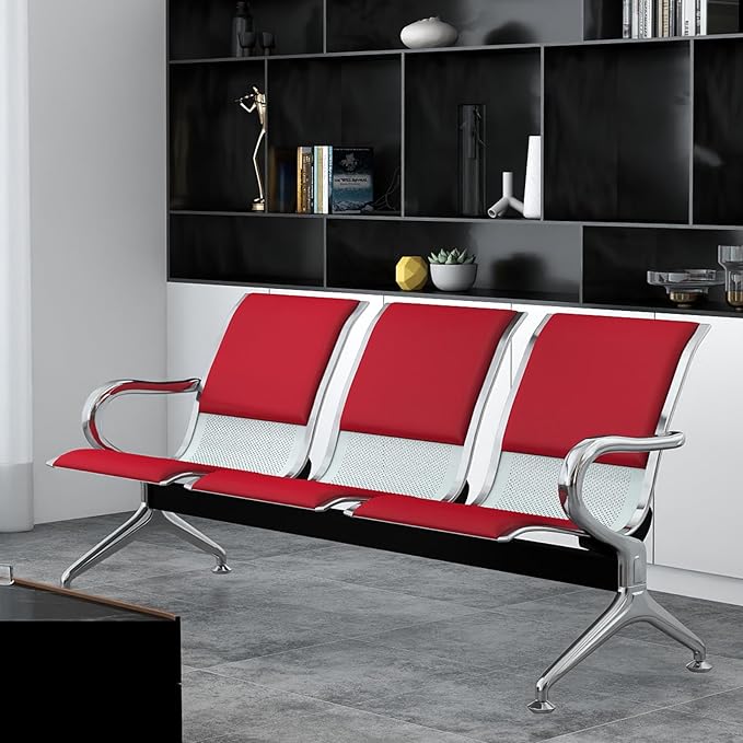Kinfant Red 6-Seat Waiting Room Chairs with Arms – Heavy-Duty Steel Frame PU Leather Back & Cushioned Seat, Ergonomic Office Reception Guest Chair for Lobby, Clinic, Airport