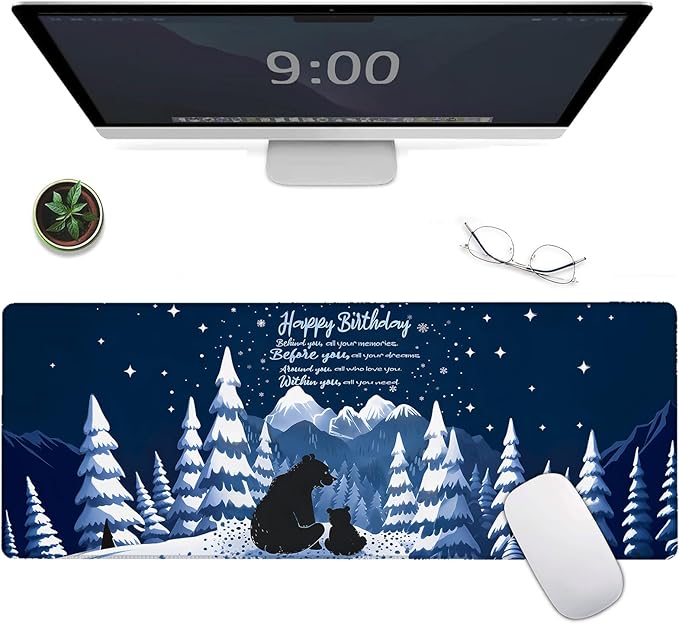 Happy Birthday Large Gaming Mouse Pad,Bear Mountain Desk Mat,31.5x11.8x0.12in Extended Non-Slip Rubber Festival Mousepad,Computer Deskmat Gifts,Laptop Mice Pads Decor for Home Office