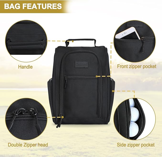 Goloni Golf Shoe Bag for Men & Women, Padded Travel Shoe Bag with Side Accessory Pockets,Sport Shoe Carrier for Golf Shoes,Socks,Tees & Balls,Durable & Lightweight Design(Black)