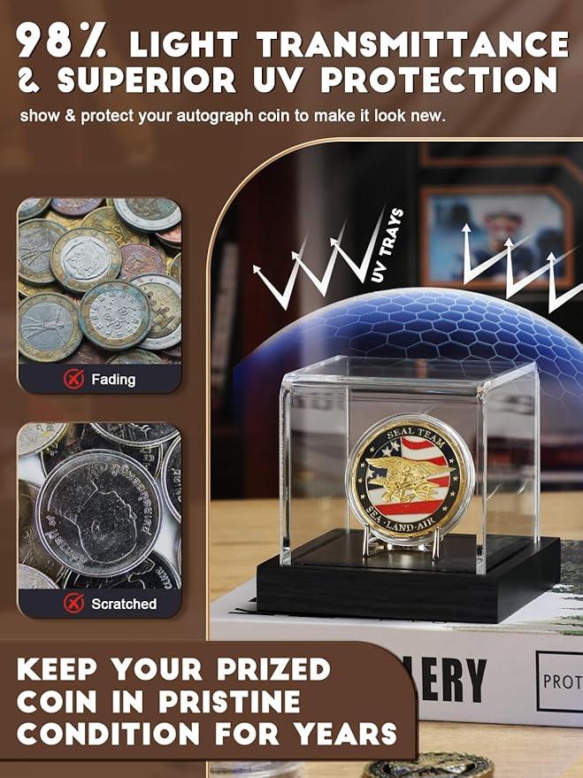 JupDec Coin Display Case, Clear Acrylic Showcase with Wood Base & Alloy Holder for Single Challenge Coin, UV Protection Souvenirs and Collectibles Box, Ideal Gift for Coin Fans, Black