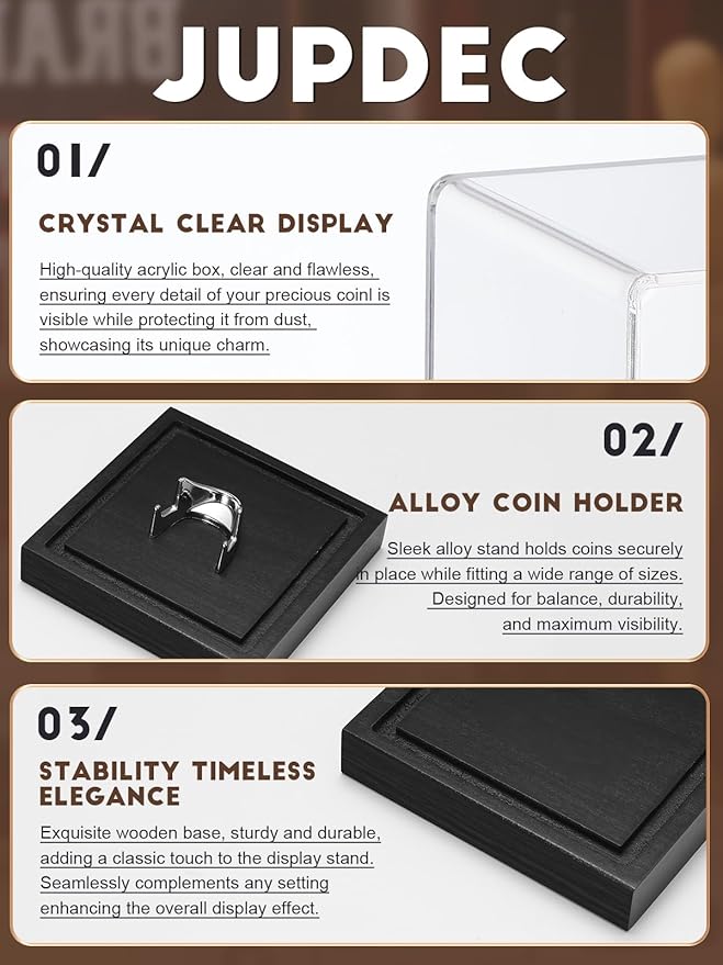 JupDec Coin Display Case, Clear Acrylic Showcase with Wood Base & Alloy Holder for Single Challenge Coin, UV Protection Souvenirs and Collectibles Box, Ideal Gift for Coin Fans, Black