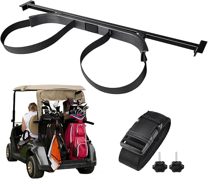 Universal Golf Cart Bag Holder Bracket Fit for Yamaha, EZGO and Club Car Rear Seat Kits, Golf Cart Rack Designed for 1-Inch Square Tube with Nylon Strap Attachment for Securing Golf Bag