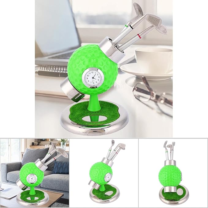 Golf Ball Shape Pen Holder, Desktop Pencil Vase with Clock, Zinc Alloy Pen Vase for Study Office Decor, Includes 3 Pens and Circular Base for Stability (Green)
