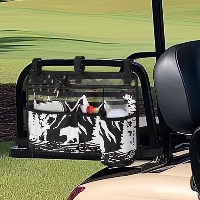 American Flag Golf Cart Bag, Golf Cart Rear Seat Organizer with Open Pockets for Golf Balls & Bottles